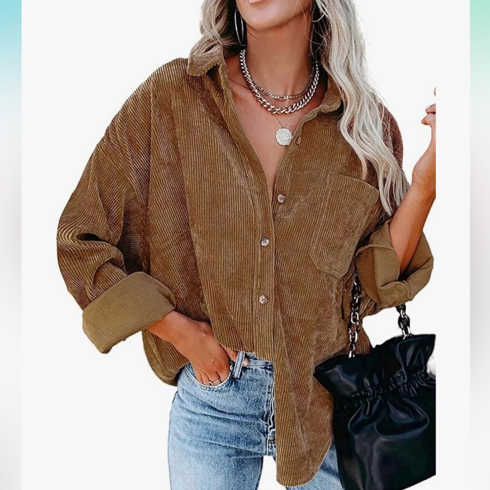 Womens Corduroy Oversized Brown Button Down Shacket - M